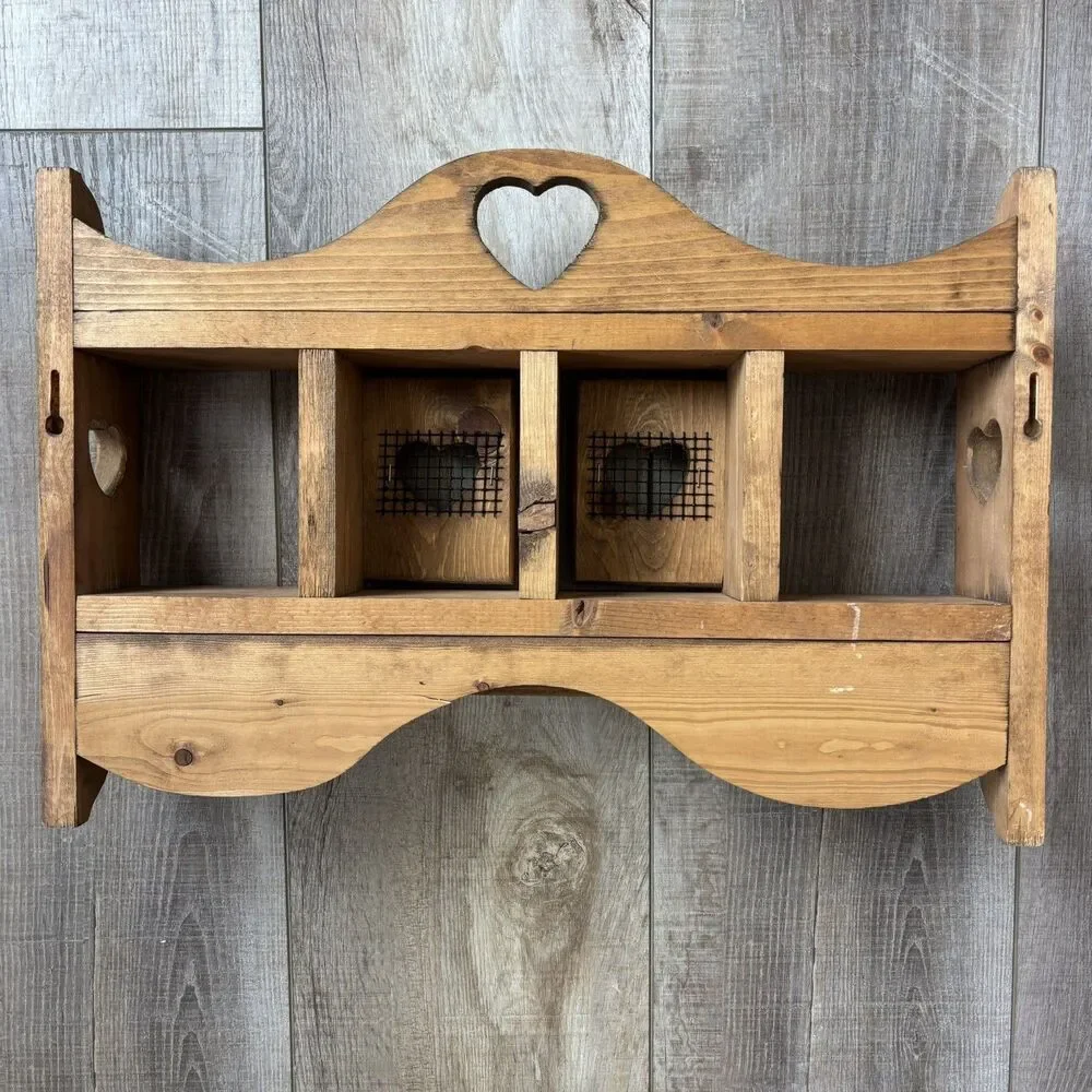 Vtg Wood Heart Door Wall Knick Knack Curio Trinket Shelf Knobs Cottage Farmhouse